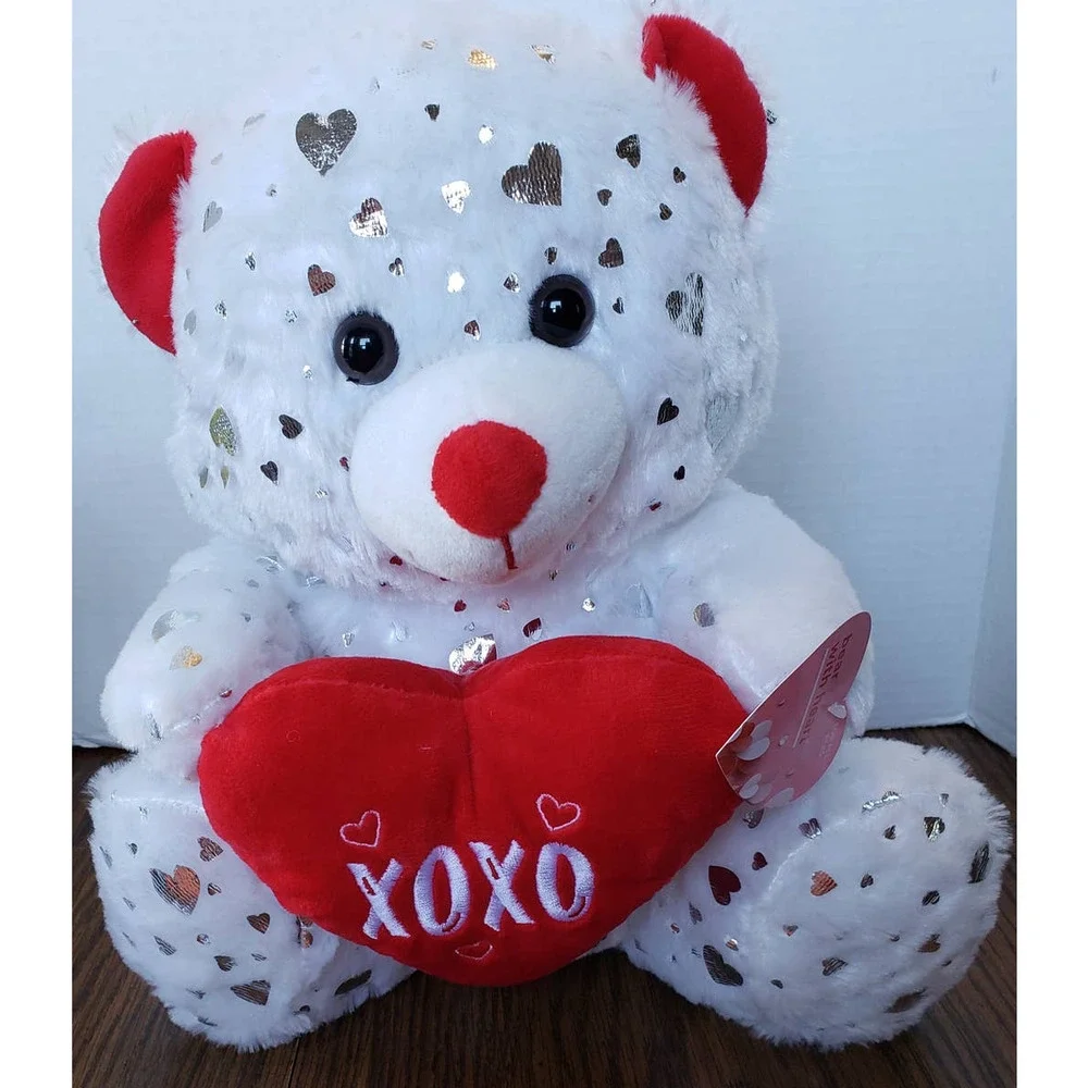 White With Silver Hearts 11 Inch Love Heart Plush Teddy Bear New With Tags